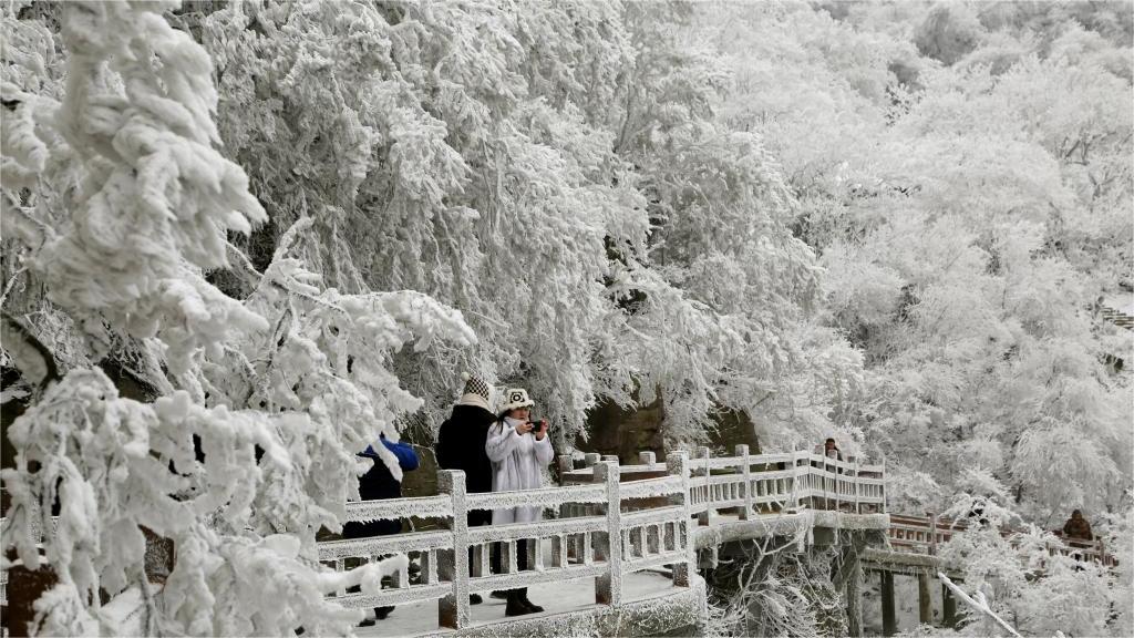 People enjoy rime scenery at Yuntaishan Mountain in Jiangsu, E China