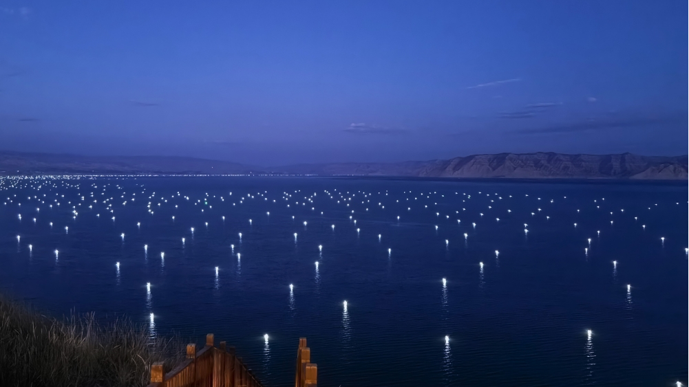 Stunning night views of fishing light-dotted lake in Longyang Gorge, NW China's Qinghai